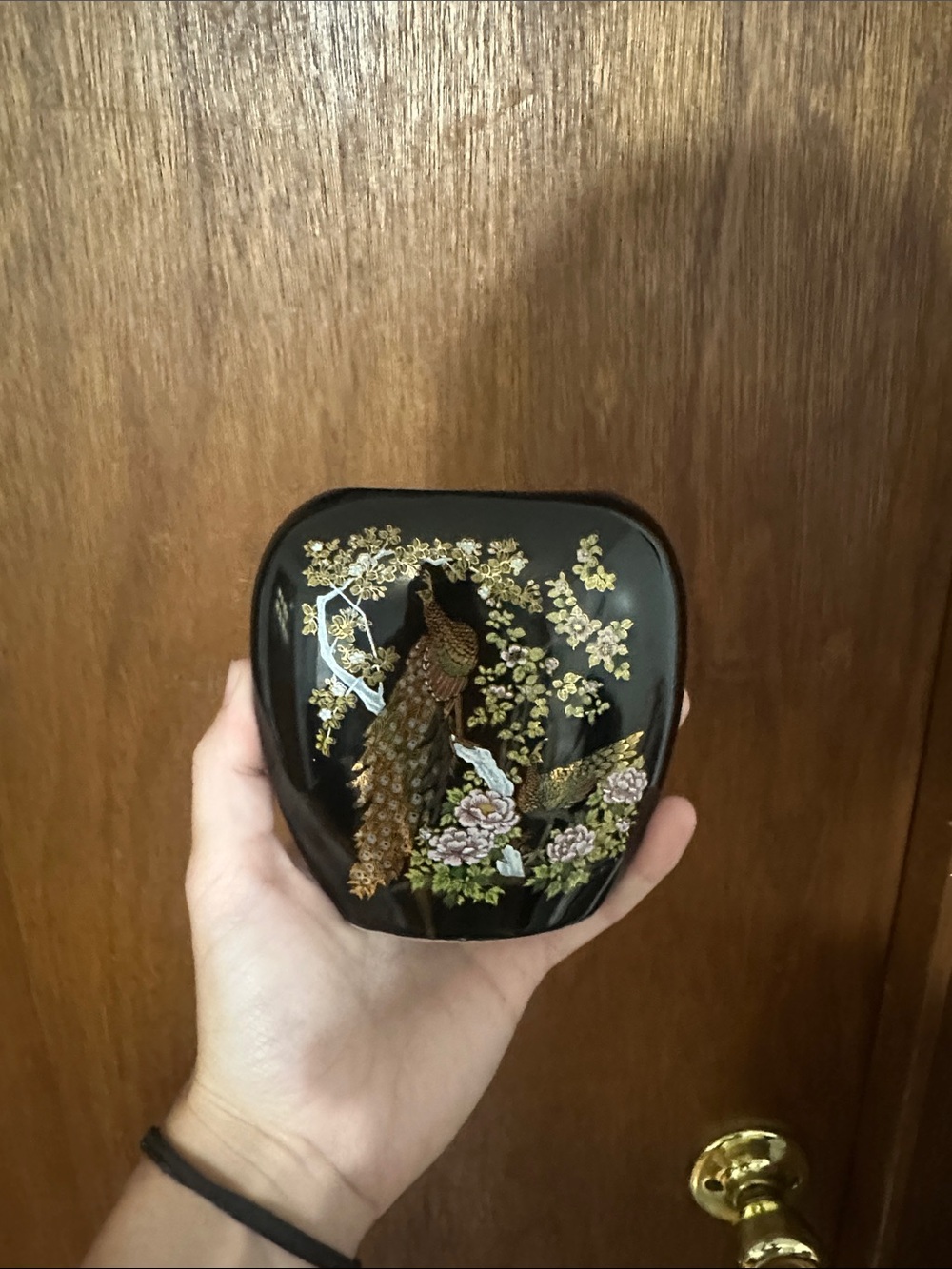 Vintage Black Lacquered Decorative vase with Gold Floral & Peacock Motif